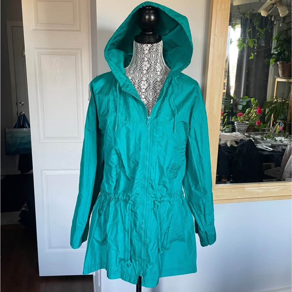 Vintage Hooded Windbreaker Jacket Coat. Large. Teal. Pockets.